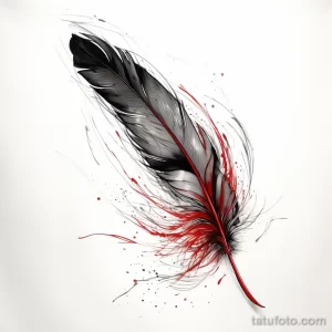 Фото тату: эскиз черного пера с красными акварельными брызгами на белом фоне. Детализированный рисунок татуировки в стиле акварель.