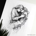 Эскиз татуировки, изображающий девушку, нежно обнимающую череп. Графический рисунок с детальной проработкой, символизирующий любовь и смерть.