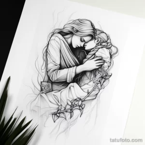 Эскиз татуировки, изображающий девушку, нежно обнимающую череп. Графический рисунок с детальной проработкой, символизирующий любовь и смерть.