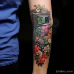 Gardener with a floral framed TV tattoo on her forea abb be af afb ff 181123 tatufoto.com