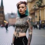 Фото тату на теле девушки: сложный орнамент, покрывающий грудь, живот и руки. Девушка стоит на фоне архитектуры.