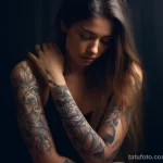Girl gently touching sensitive skin near tattoo, illustrating long-term sensitivity 5 09112023 tatufoto.com 087