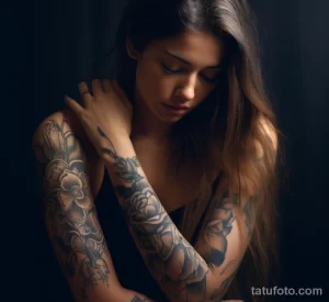 Girl gently touching sensitive skin near tattoo, illustrating long-term sensitivity 5 09112023 tatufoto.com 087