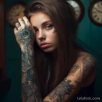 Фото тату: портрет девушки с замысловатыми татуировками на лице, руках и плечах. Мрачная атмосфера, детализированный рисунок и пронзительный взгляд.