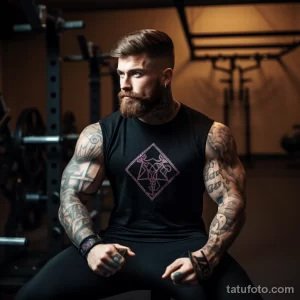 Фото тату: мужчина с татуировками в стиле blackwork на руках и шее, с использованием скандинавских рун и орнаментов.