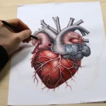 Эскиз татуировки анатомического сердца с механическими деталями и шестеренками. Рисунок выполнен цветными карандашами на белом фоне.