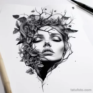 Черно-белый эскиз татуировки женского лица, из которого растут цветы и ветви. Идеально подходит для тех, кто ценит красоту и символизм.