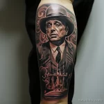 Intricate tattoo featuring a scene from 'The Godfather' on a calf 3_1 16.11.2023 tatufoto.com 37
