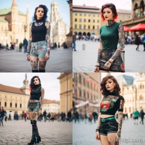 Фото тату: коллаж из четырех фотографий девушек с татуировками на руках, ногах и теле, демонстрирующими разнообразие стилей и сюжетов.