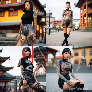 Фото тату: коллаж из четырех фотографий девушек с масштабными японскими татуировками, демонстрирующими разнообразие стилей и сюжетов.