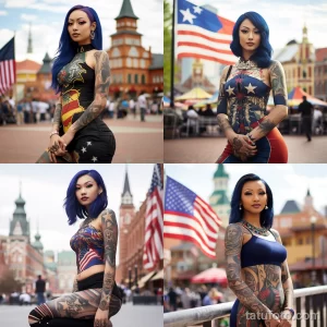 Фото тату: Коллаж из четырех фотографий, демонстрирующих девушку с татуировками в патриотическом стиле и американским флагом.
