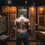 Man with a detailed back tattoo looking at designs i ab fa d ae fecbfb 231123 tatufoto.com
