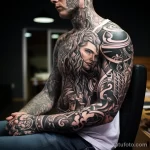 Man with an intricate shoulder tattoo sitting in a t bdf cd b adc eeda _1 231123 tatufoto.com