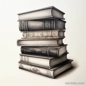 Фото эскиза тату: стопка старинных книг с декоративными элементами, выполненная в черно-белом стиле с высокой детализацией.