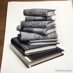 Фото эскиза тату: реалистичное изображение стопки старинных книг с детально проработанными обложками и текстурами.