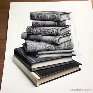 Фото эскиза тату: реалистичное изображение стопки старинных книг с детально проработанными обложками и текстурами.
