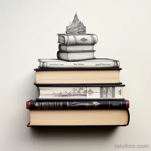 Фото тату эскиза: старинные книги с замком на вершине, выполненные в графичном стиле с детальной проработкой.