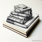 Фото эскиза татуировки стопки книг. Изображение выполнено в черно-белой гамме, с высокой детализацией.