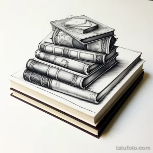 Фото эскиза татуировки стопки книг. Изображение выполнено в черно-белой гамме, с высокой детализацией.
