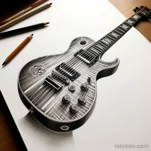 Детализированный черно-белый эскиз татуировки гитары Les Paul с реалистичной проработкой деталей. Отличный выбор для гитаристов и ценителей классики.