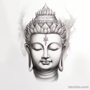 Черно-белый эскиз татуировки с изображением лица Будды. Детализированный рисунок с акцентом на сложный головной убор и выразительный взгляд.