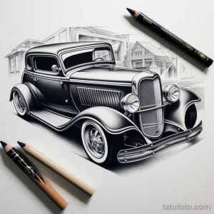 Черно-белый эскиз татуировки классического автомобиля, выполненный карандашом. Детализированный рисунок в стиле old school для любителей ретро-автомобилей.