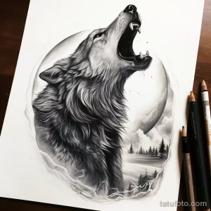 Черно-белый эскиз татуировки с изображением волка, воющего на луну, на фоне горного пейзажа и леса.