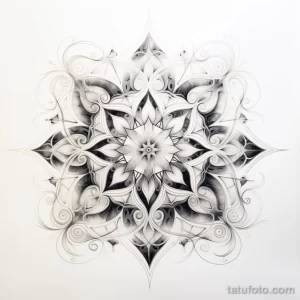 Эскиз татуировки с изображением мандалы, выполненной в технике dotwork. Детализированный рисунок с использованием точек и линий.