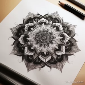 Эскиз татуировки с изображением мандалы, выполненной в технике dotwork. Детализированный рисунок с использованием точек и линий.
