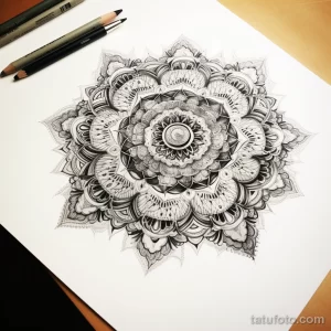 Эскиз татуировки с изображением мандалы, выполненной в технике dotwork. Детализированный рисунок с использованием точек и линий.