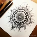 Эскиз татуировки с изображением мандалы, выполненной в технике dotwork. Детализированный рисунок с использованием точек и линий.