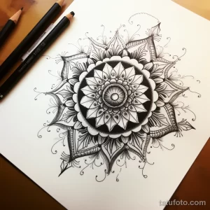 Эскиз татуировки с изображением мандалы, выполненной в технике dotwork. Детализированный рисунок с использованием точек и линий.