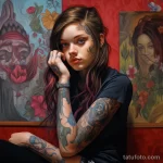 Portrait of a girl with a tattoo illustrating her reaction to paint 2 09112023 tatufoto.com 109