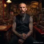 Portrait of a man with full chest tattoos in an arti acf fa ce bdb bcc 231123 tatufoto.com