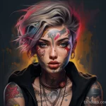 Portrait of a tattooed girl in an urban style with bright lipstick, where a tattoo with a name on her forehead plays the role of a central element in the overall image 3 - 07,11,2023 tatufoto.com
