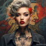 Portrait of a tattooed girl in an urban style with bright lipstick, where a tattoo with a name on her forehead plays the role of a central element in the overall image 5 - 07,11,2023 tatufoto.com