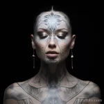 Фотография девушки с изящной татуировкой на лице и шее в стиле геометрии. Изображение демонстрирует красоту и точность линий.