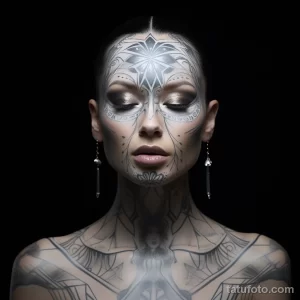 Фотография девушки с изящной татуировкой на лице и шее в стиле геометрии. Изображение демонстрирует красоту и точность линий.