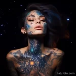 Фотография девушки с красивой татуировкой в стиле космос на лице, шее и верхней части тела. Изображение демонстрирует красоту и загадочность вселенной.