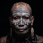 Фотография мужчины с оригинальной татуировкой на лице, состоящей из геометрических фигур и абстрактных узоров. Изображение демонстрирует смелый и современный стиль.
