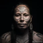 Фотография женщины с впечатляющей татуировкой в стиле маори на лице, шее и верхней части тела. Изображение демонстрирует силу и культурное наследие.