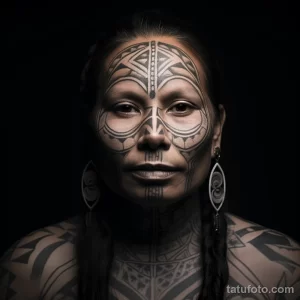 Фотография женщины с впечатляющей татуировкой в стиле маори на лице, шее и верхней части тела. Изображение демонстрирует силу и культурное наследие.