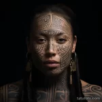 Фотография женщины с красивой татуировкой в стиле маори на лице, шее и плечах. Изображение демонстрирует изящество и культурное наследие.