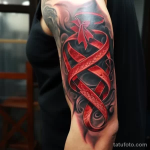 Фото татуировки на руке с изображением красной ленты, завязанной в сложный узел. Идеально для тех, кто любит минималистичные и элегантные решения.