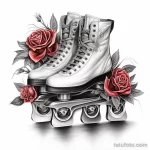 Фото тату с изображением роликовых коньков, украшенных красными розами. Контрастный рисунок, выполненный в реалистичном стиле с добавлением цвета.
