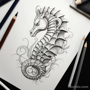 Черно-белый эскиз татуировки морского конька, выполненный в графическом стиле с высокой детализацией. Изображение окружено волнами и растительными элементами.