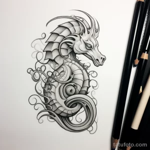 Черно-белый эскиз татуировки морского конька, выполненный в технике blackwork. Детализированный рисунок с акцентом на контуры и тени.