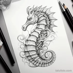 Черно-белый эскиз татуировки морского конька, выполненный в технике дотворк. Детализированный рисунок с использованием точек и линий.
