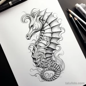 Черно-белый эскиз татуировки морского конька, выполненный в технике дотворк. Детализированный рисунок с использованием точек и линий.