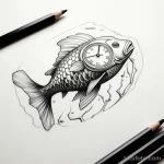 Черно-белый эскиз татуировки рыбы с часами внутри тела. Детализированная проработка чешуи и механизма часов.